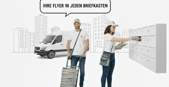 Projessionelle Flyerverteiler bei der Arbeit mit Rollwagen und Fahrzeug