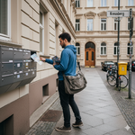 Flyerverteiler der einen Flyer in den Briefkasten einwirft